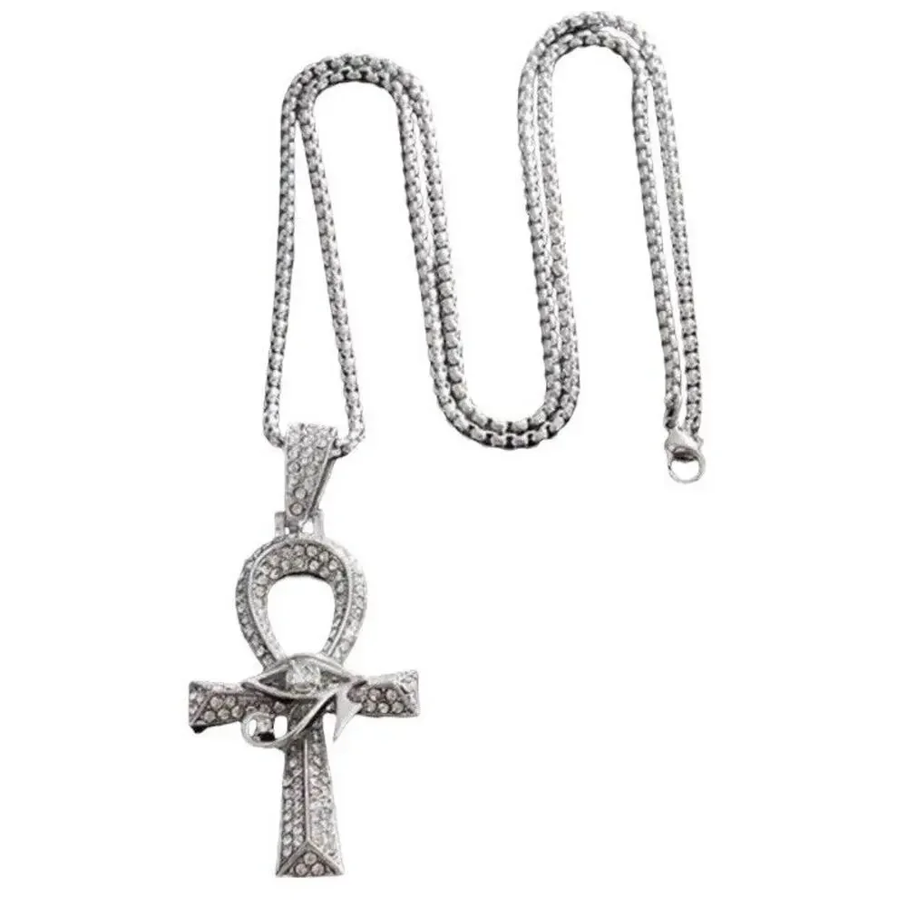 Silver Tone Crystal Ahnk Cross Necklace 23” Faith Pendant Sleek Classic NEW